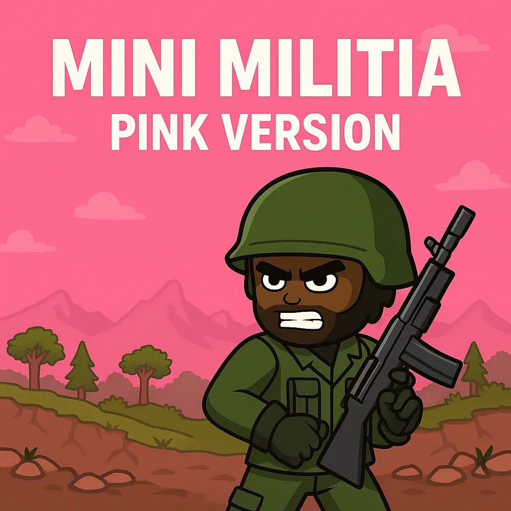 Cartoon soldier in green uniform holding a rifle, standing in a rugged pink landscape with mountains and trees. Bold white text above reads "MINI MILITIA PINK VERSION.