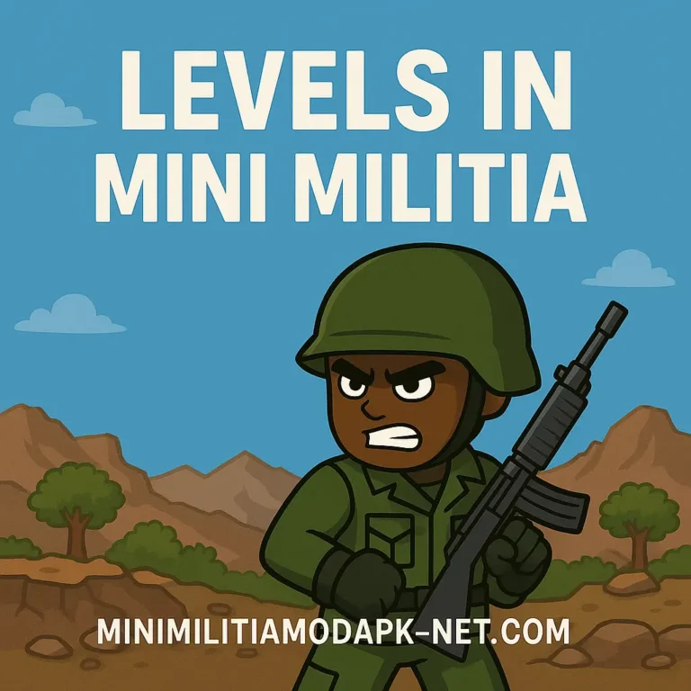 Dark green promotional graphic for Mini Militia showing the text 'Levels in Mini Militia', a cartoon soldier with a gun, a smartphone displaying gameplay, and the website URL 'minimilitiamodapk-net.com' at the bottom.