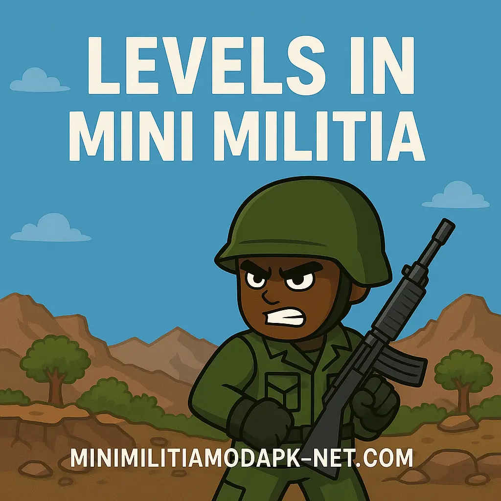 Dark green promotional graphic for Mini Militia showing the text 'Levels in Mini Militia', a cartoon soldier with a gun, a smartphone displaying gameplay, and the website URL 'minimilitiamodapk-net.com' at the bottom.