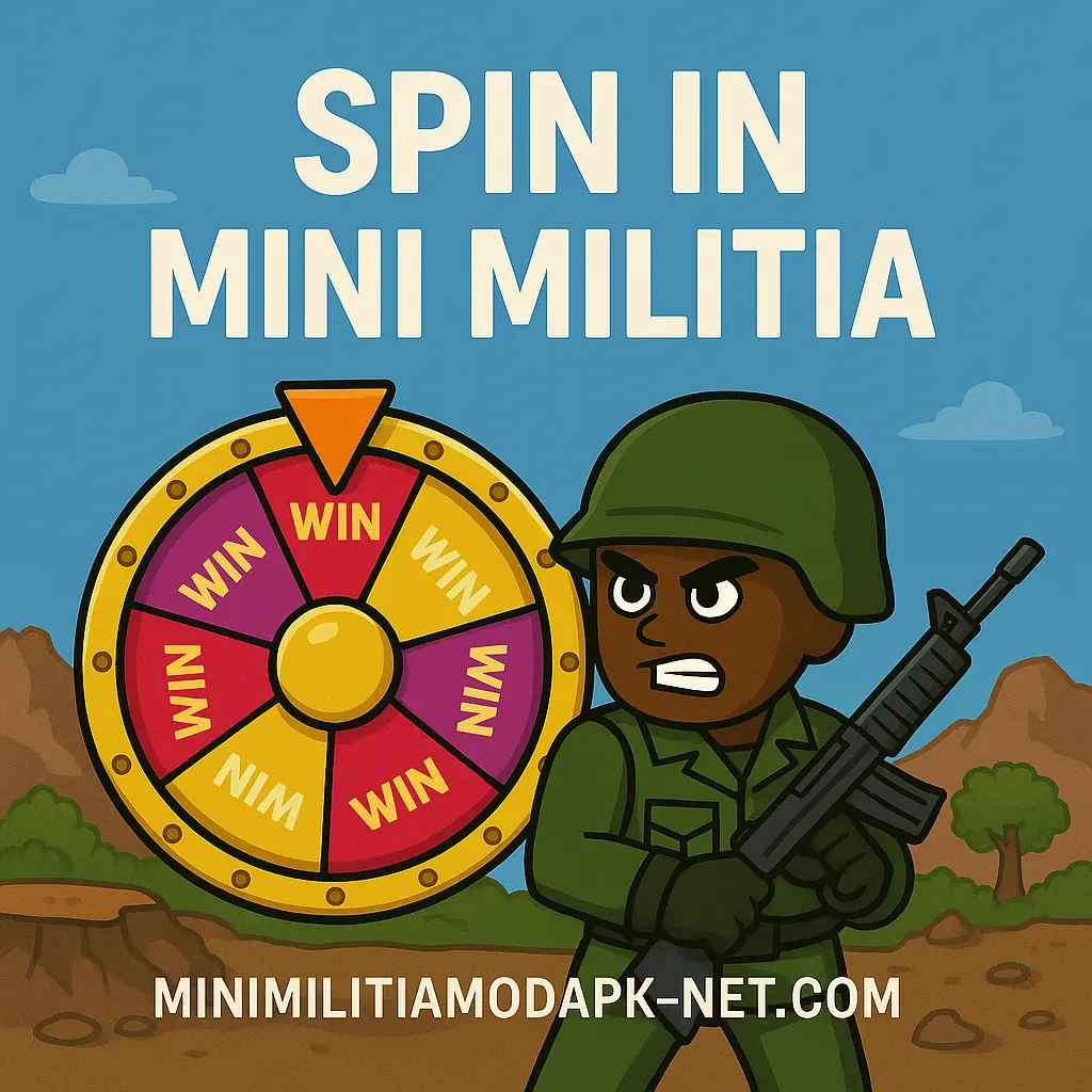 Spin in Mini Militia graphic featuring a cartoon soldier, in-game action on a smartphone, and website minimilitiamodapk-net.com