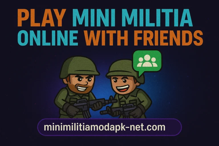 Cartoon-style promotional image showing two Mini Militia soldiers in green uniforms smiling and holding rifles. Bold text above reads 'Play Mini Militia Online With Friends' in orange and blue. A green chat icon with group figures appears between the soldiers. Website 'minimilitiamodapk-net.com' is displayed at the bottom in a purple box on a dark starry background.