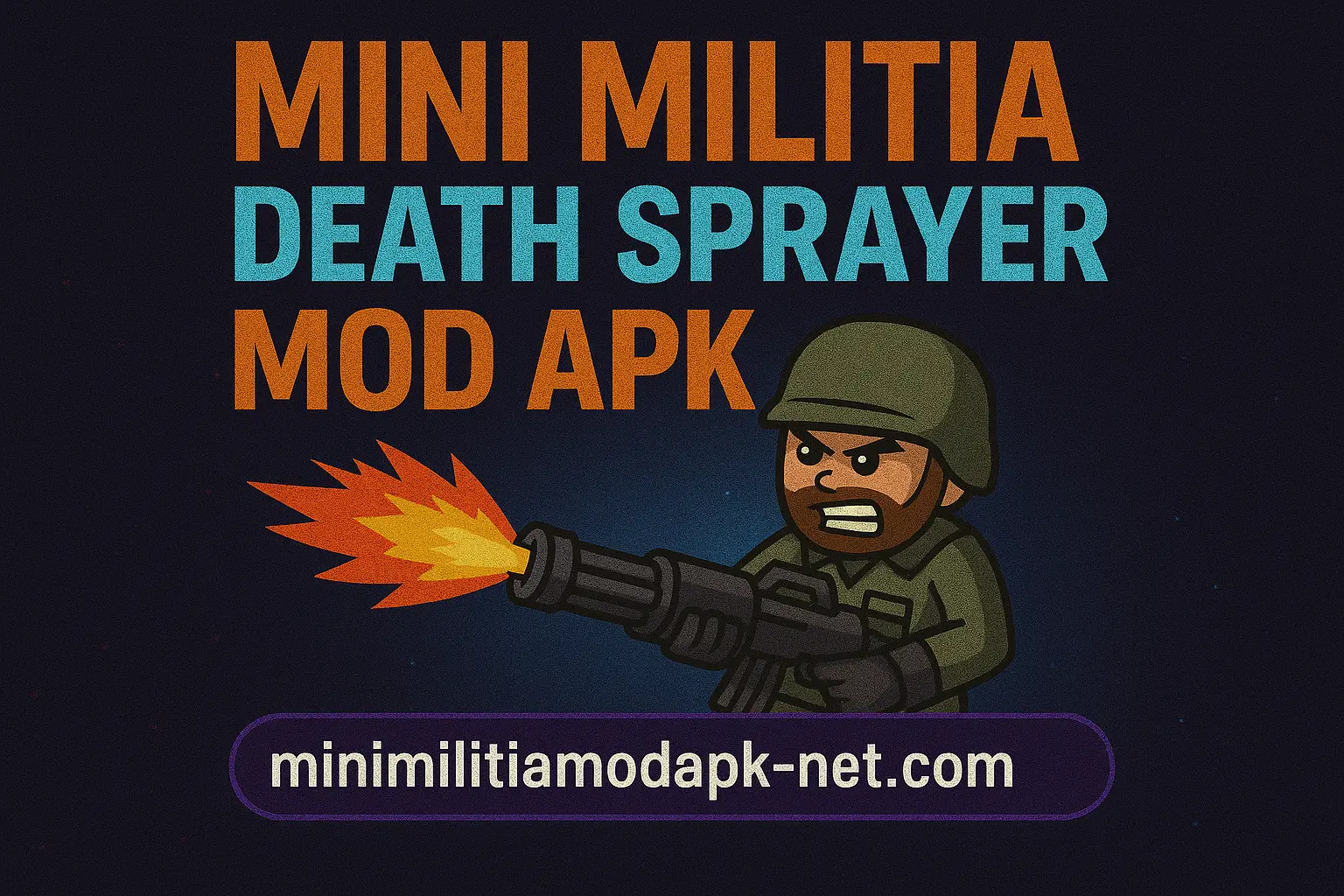 Promotional graphic for Mini Militia Death Sprayer Mod APK showcasing gameplay and mod features for action-packed shooting experience.