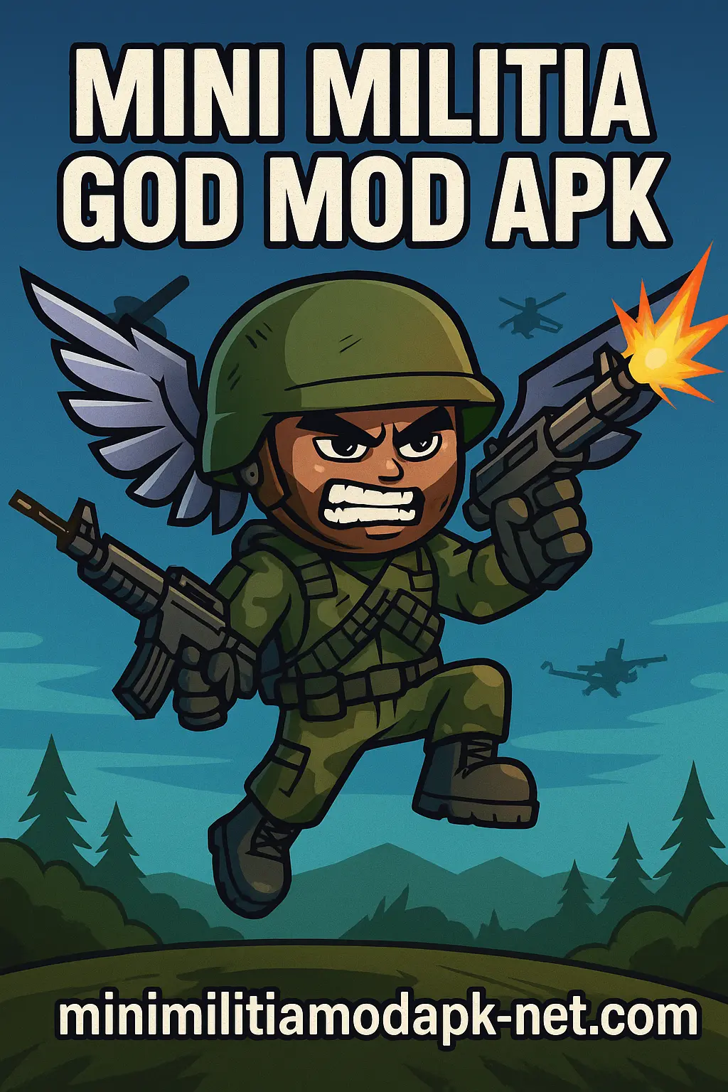 A cartoon-style soldier in green military gear with wings and guns fires mid-air against a forest and sky backdrop. The bold text above reads "Mini Militia God Mod APK" and the website "minimilitiamodapk-net.com" appears at the bottom