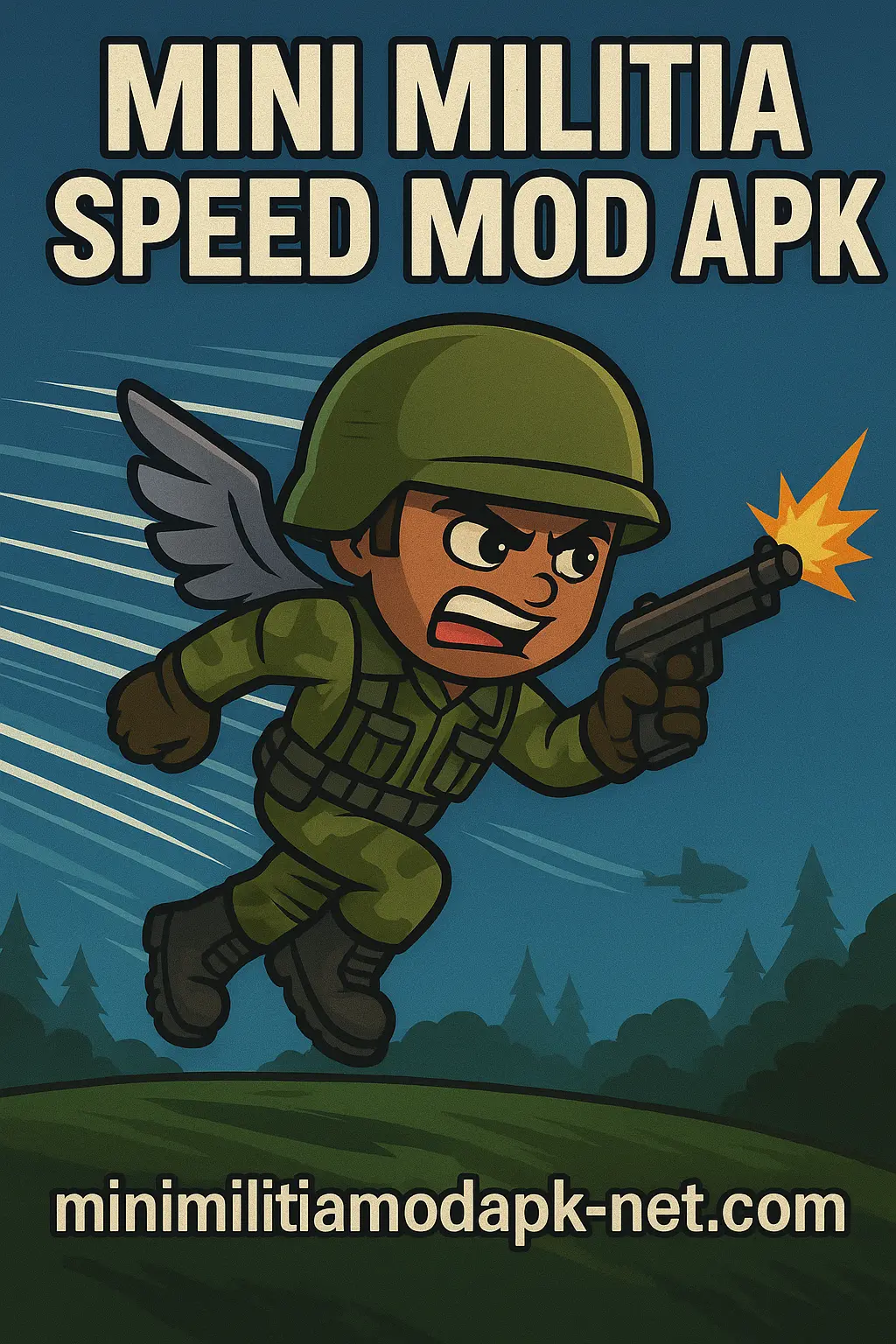 A cartoon-style soldier in green combat gear with wings is shown flying at high speed, firing a pistol with a burst of flame. Blue motion lines emphasize the fast movement. The background features a forest landscape and a flying aircraft. Bold text at the top reads "Mini Militia Speed Mod Apk," and the website "minimilitiamodapk-net.com" appears at the bottom.