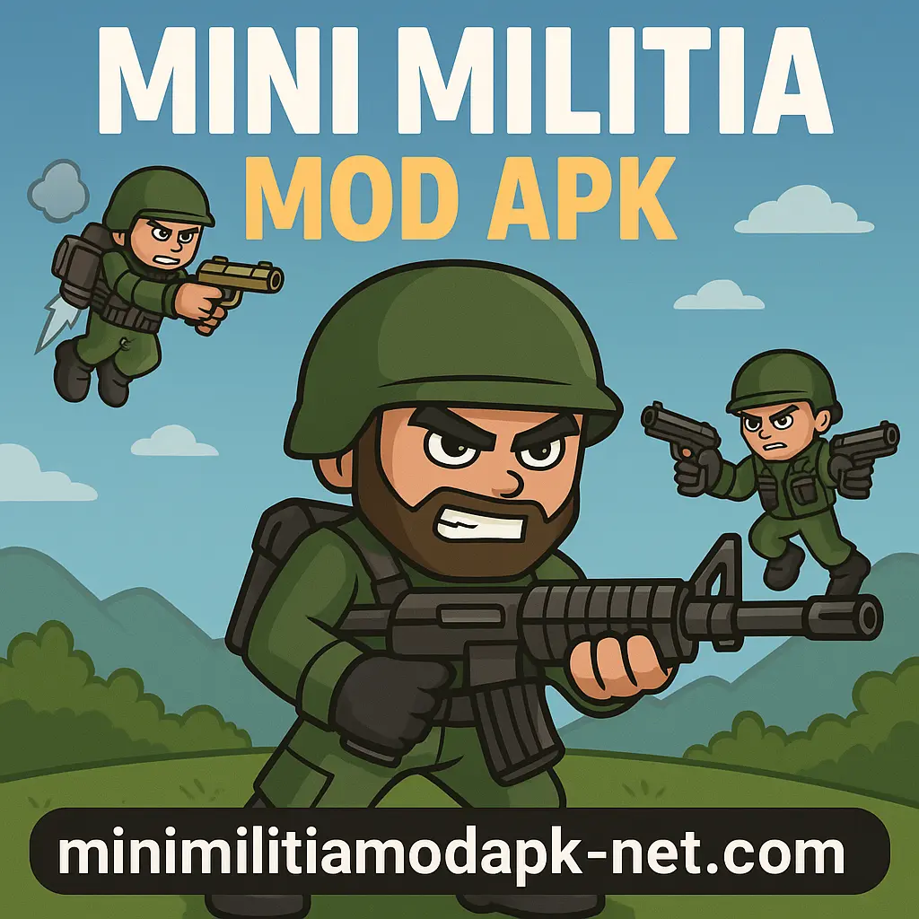 Cartoon-style image of three Mini Militia soldiers in action poses, promoting "Mini Militia Iron Man Mod APK" with the website minimilitiamodapk-net.com displayed at the bottom.