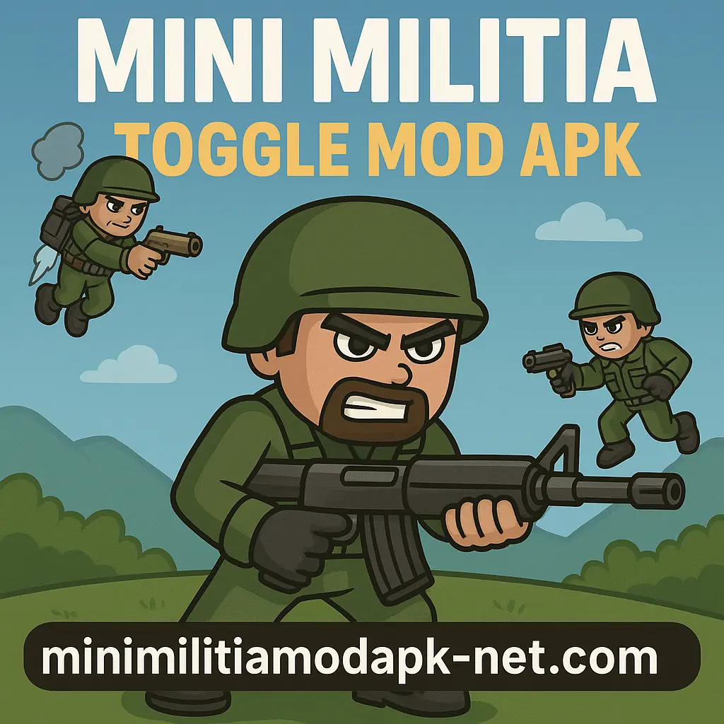 Action-packed cartoon image of three Mini Militia soldiers, featuring bold text "Mini Militia Toggle Mod APK" and the website minimilitiamodapk-net.com at the bottom.