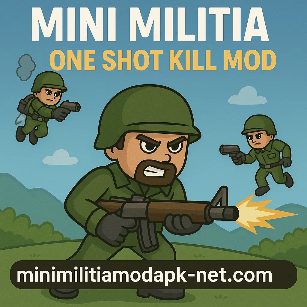 Cartoon-style image of three Mini Militia soldiers in combat poses, promoting "Mini Militia One Shot Kill Mod APK" with the website minimilitiamodapk-net.com displayed at the bottom.