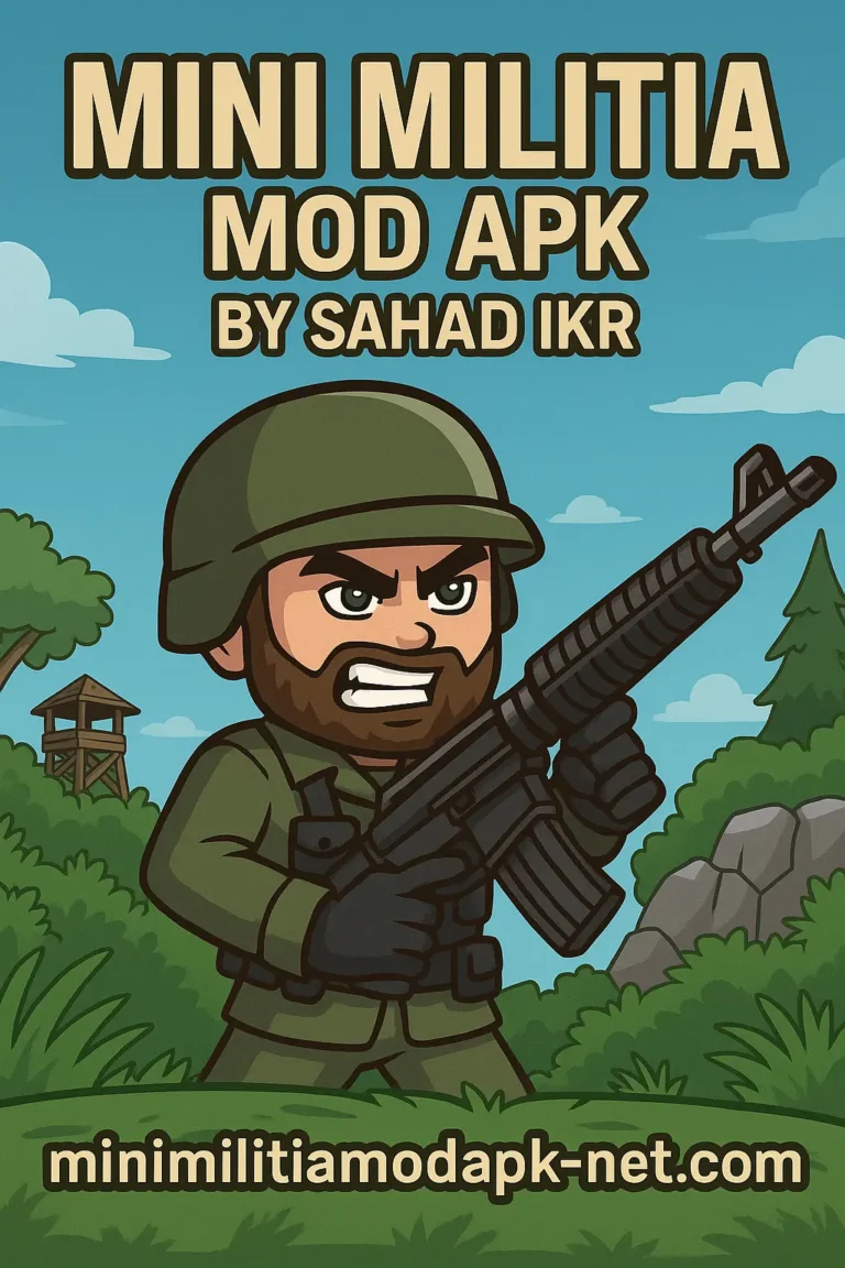 2D cartoon-style soldier holding a rifle in a jungle setting, promoting "Mini Militia Mod APK By Sahad Ikr" with the website "minimilitiamodapk-net.com" displayed at the bottom.