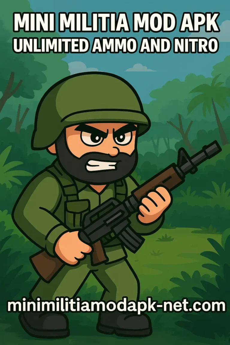 Cartoon-style soldier holding a rifle in a jungle environment, promoting "Mini Militia Mod APK Unlimited Ammo and Nitro" with the website "minimilitiamodapk-net.com" displayed at the bottom.