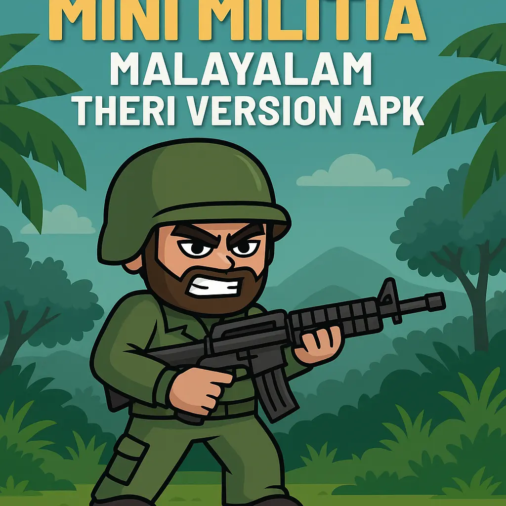 Cartoon-style soldier in green uniform holding a rifle in a jungle background, promoting "Mini Militia Malayalam Theri Version APK" with the website "minimilitiamodapk-net.com" included.