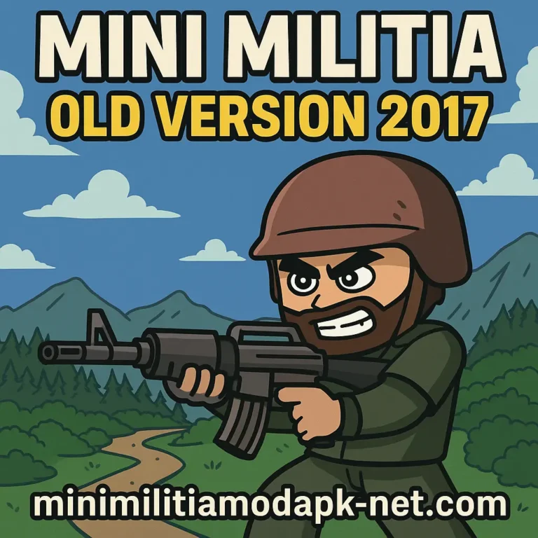 A cartoon-style digital illustration promoting "Mini Militia Old Version 2017," featuring a fierce soldier in green uniform aiming a rifle in a mountainous, forested landscape. The top of the image displays bold text "MINI MILITIA OLD VERSION 2017," and the website "minimilitiamodapk-net.com" is shown at the bottom.