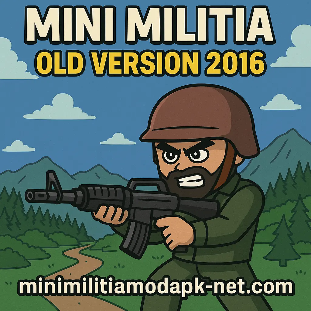 A bold cartoon-style promotional image for "Mini Militia Old Version 2016," featuring an intense soldier in green combat gear and a brown helmet aiming a rifle. The background includes stylized mountains, pine trees, and a winding dirt path under a blue sky with clouds. The title "MINI MILITIA OLD VERSION 2016" appears at the top in large text, and the website "minimilitiamodapk-net.com" is displayed at the bottom.