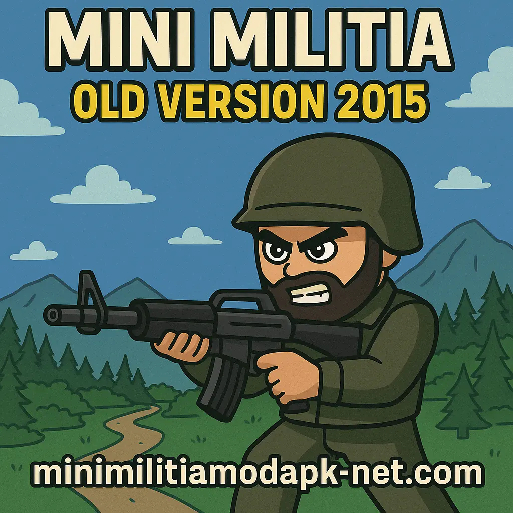 A cartoon-style promotional image for "Mini Militia Old Version 2015," featuring a focused soldier in dark green combat gear and helmet aiming a rifle. The background includes a winding dirt path, green pine trees, and blue mountains under a bright sky with clouds. Bold text at the top reads "MINI MILITIA OLD VERSION 2015," and the website "minimilitiamodapk-net.com" is displayed at the bottom.