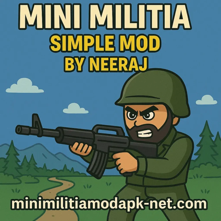 A colorful cartoon-style promotional image for "Mini Militia Simple Mod by Neeraj," featuring an intense soldier in a green uniform and helmet aiming a black rifle. The background shows a forested landscape with green trees, mountains, a winding dirt path, and a blue sky with scattered clouds. The text "MINI MILITIA SIMPLE MOD BY NEERAJ" is displayed prominently at the top, with the website "minimilitiamodapk-net.com" at the bottom.