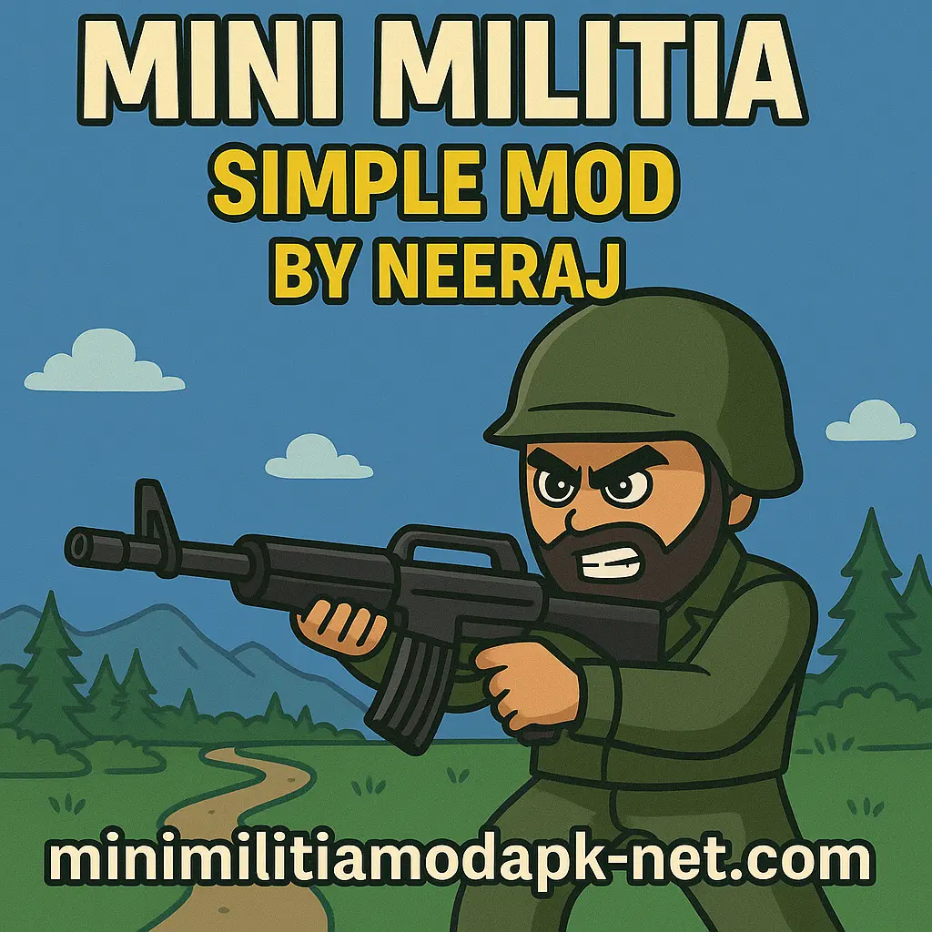 A colorful cartoon-style promotional image for "Mini Militia Simple Mod by Neeraj," featuring an intense soldier in a green uniform and helmet aiming a black rifle. The background shows a forested landscape with green trees, mountains, a winding dirt path, and a blue sky with scattered clouds. The text "MINI MILITIA SIMPLE MOD BY NEERAJ" is displayed prominently at the top, with the website "minimilitiamodapk-net.com" at the bottom.