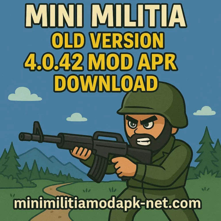 A cartoon-style promotional image for "Mini Militia Old Version 4.0.42 Mod APK Download," featuring a determined soldier in green combat gear and helmet aiming a black assault rifle. The background includes a scenic outdoor landscape with pine trees, a winding dirt path, and distant blue mountains under a clear sky with clouds. The bold title text appears at the top, and the website "minimilitiamodapk-net.com" is prominently displayed at the bottom.