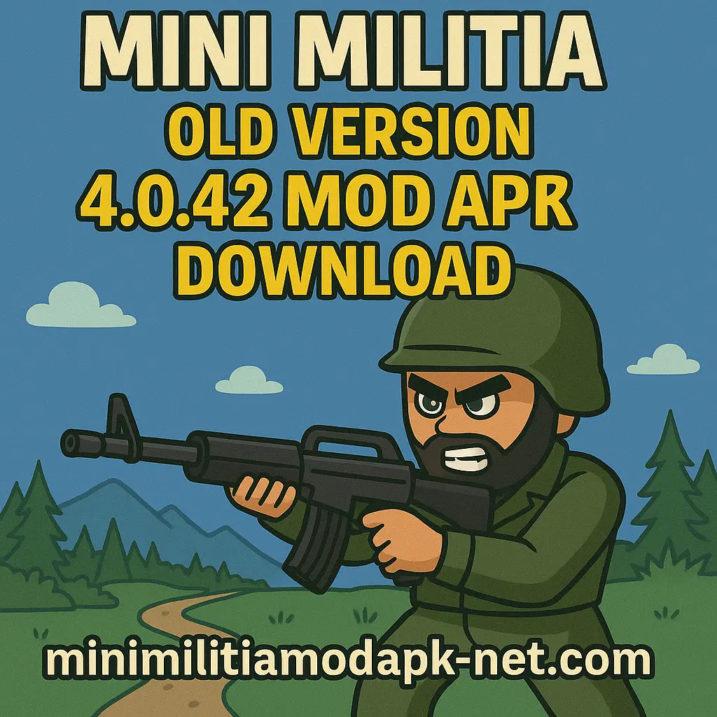 A cartoon-style promotional image for "Mini Militia Old Version 4.0.42 Mod APK Download," featuring a determined soldier in green combat gear and helmet aiming a black assault rifle. The background includes a scenic outdoor landscape with pine trees, a winding dirt path, and distant blue mountains under a clear sky with clouds. The bold title text appears at the top, and the website "minimilitiamodapk-net.com" is prominently displayed at the bottom.