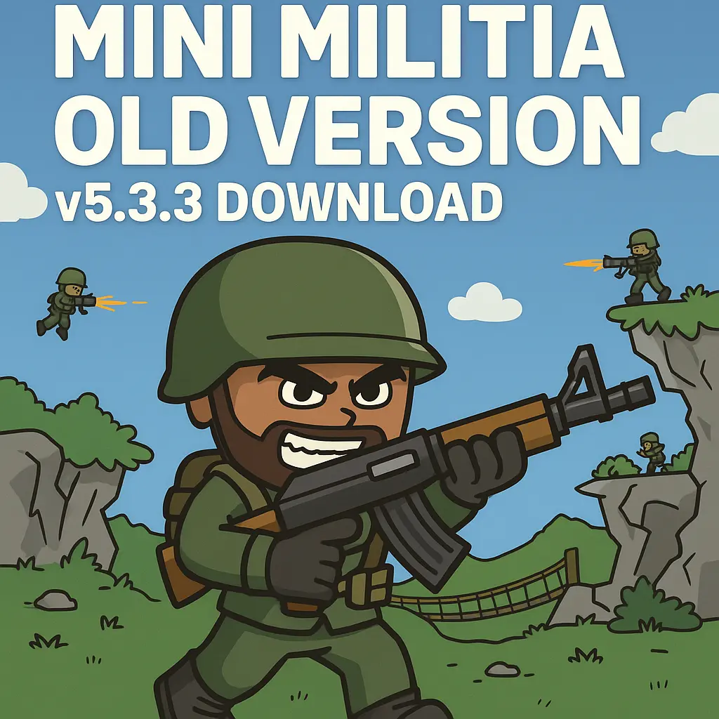 A cartoon-style promotional image for "Mini Militia Old Version v5.3.3 Download" featuring a bearded soldier in green combat gear aiming a rifle, with other characters engaged in battle across a hilly, outdoor landscape. The text includes the game title and the website "minimilitiamodapk-net.com" against a bright blue sky with clouds.