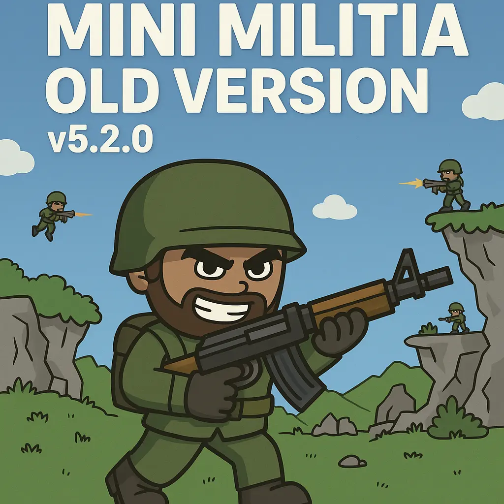 A cartoon-style promotional image for "Mini Militia Old Version v5.2.0" featuring a bearded soldier in green military gear aiming a rifle, set in a vibrant, animated battlefield with hills, cliffs, and other armed characters in the background. The title text appears at the top, and the website "minimilitiamodapk-net.com" is displayed at the bottom.