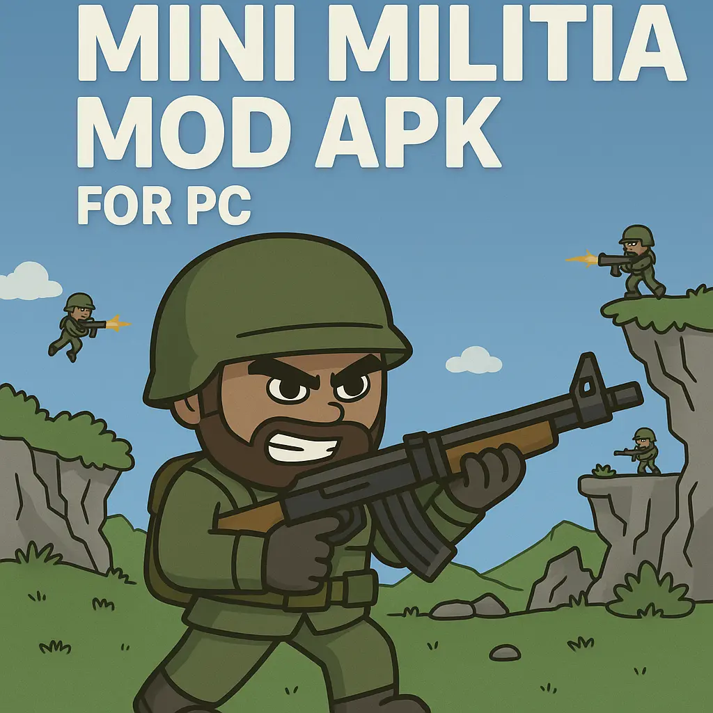 A cartoon-style promotional image for "Mini Militia Mod APK for PC" featuring a fierce-looking soldier in green combat gear aiming an assault rifle, set against a colorful battlefield with cliffs, grass, and other characters firing weapons. The title is prominently displayed at the top, with the website "minimilitiamodapk-net.com" included in the design.