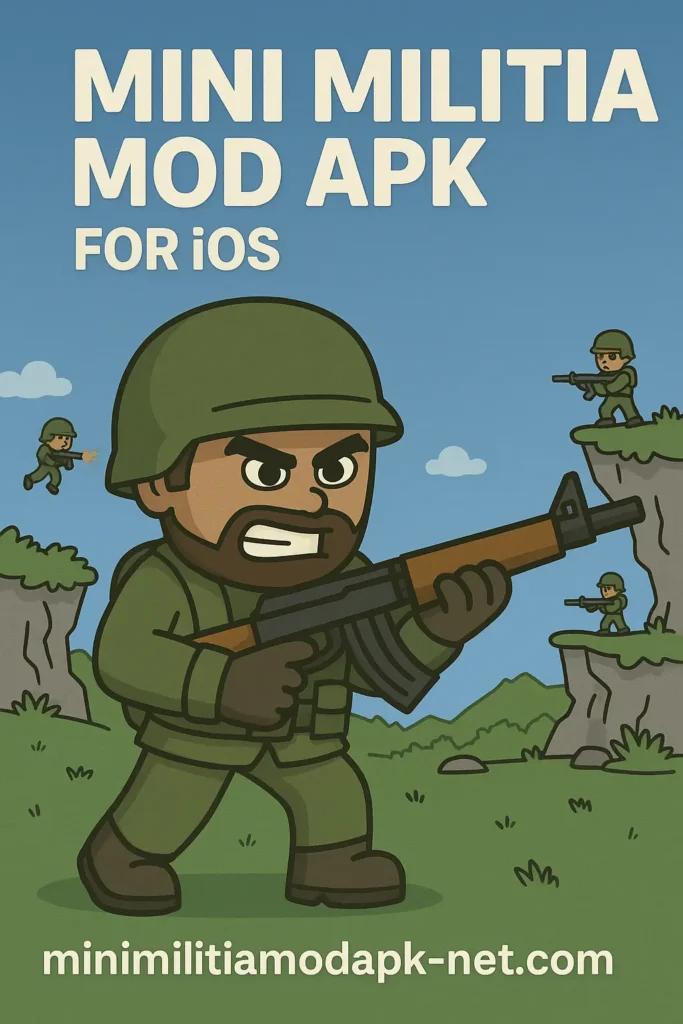 A cartoon-style promotional image for "Mini Militia Mod APK for iOS" featuring a fierce-looking soldier in green army gear holding an assault rifle, set in a vibrant landscape with grassy hills, cliffs, and other armed soldiers in combat poses. The title appears at the top, and the website "minimilitiamodapk-net.com" is displayed at the bottom.